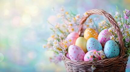 A vibrant basket filled with decorated Easter eggs surrounded by delicate flowers, symbolizing the joy and renewal associated with the Easter celebration and springtime festivities.