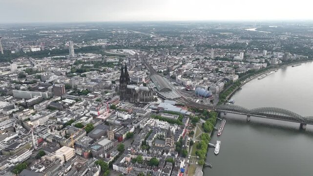 Panorama View of Cologne City in Germany. Drone, 4k