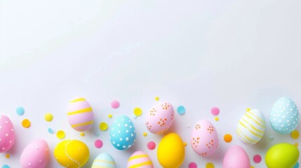 A beautiful array of pastel-colored Easter eggs and playful confetti scattered on a clean white background, representing the cheerful and lighthearted essence of Easter celebrations.