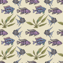 Fototapeta premium Aquarium fish plants hand-drawn set pet supplies for pet stores underwater rocks aquarium decorations soil amphora and castle