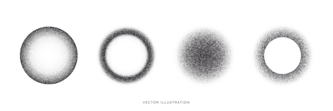 Dotted gradient sphere with grainy noise texture. Set of Halftone dots gradient round shape. Black and white pointillism elements. Stipple noise effect. Vector illustration