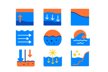 Ocean Sound Factors Icons. Flat vector icons of ocean environmental factors affecting sound: temperature layer, salinity gradient,