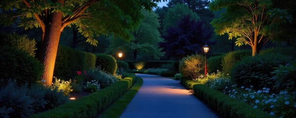 Dramatic landscape lighting illuminates a lush garden at night, highlighting the beauty of nature after dark Pathway, trees, shrubs, and flowers are subtly accented , lighting, blue, property