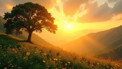 Serene landscape bathed in golden sunlight, evoking feelings of peace, connection, and divine presence Perfect for themes of faith, hope, and spiritual awakening , worship, soul