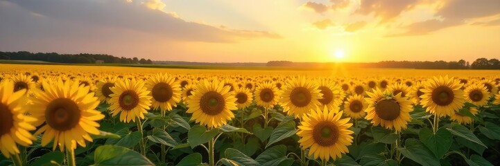 Obraz premium Endless rows of vibrant sunflowers basking in the golden sunlight, creating a breathtaking summer landscape Perfect for nature, agriculture, and summer themes , blossom, summer