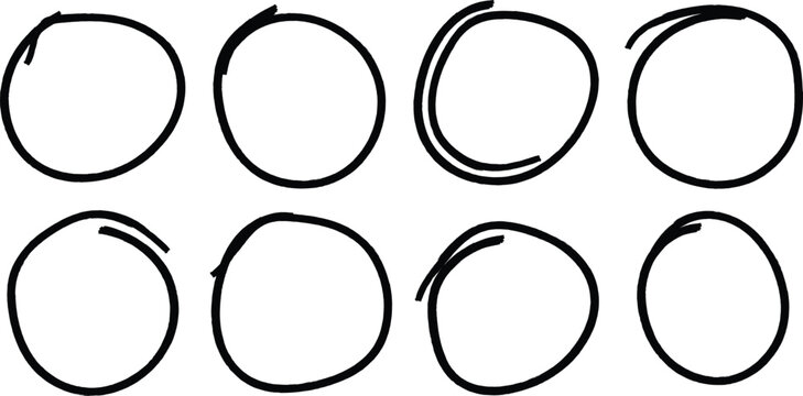 Hand drawn circle set imperfect black rings for emphasis and highlighting on white
