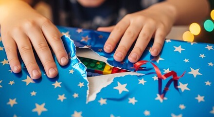 Kid opening a blue gift with stars and red ribbon, revealing colorful construction toy inside. Excitement concept for birthday or Christmas present.