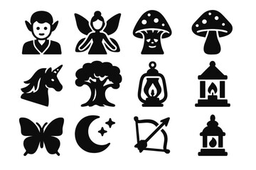 Enchanted Forest Icons. Solid style icons of Enchanted Forest: Elf, Fairy, Talking Tree, Magic Mushroom, Unicorn, Ancient Oak,