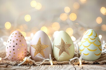 A visually appealing arrangement of decorative Easter eggs with intricate star designs, illuminated by soft fairy lights, perfect for festive spring celebrations and holiday decorations.