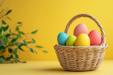 Naklejka premium This vibrant image features a basket filled with beautifully colored Easter eggs, set against a bright yellow backdrop, capturing the essence of a festive spring celebration.