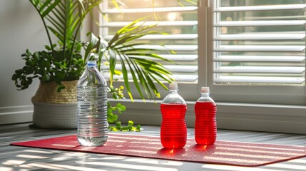 Essential fitness setup exercise mat, dumbbells, and water bottle for your workout routine