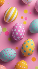 Fototapeta premium An artistic layout of beautifully patterned Easter eggs atop a bright pink surface, showcasing vivid colors and delightful designs, signifying joyfulness and the arrival of spring festivities.