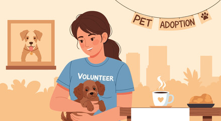 Volunteer holding a puppy at a pet adoption event with cityscape background