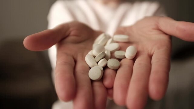 Woman holds medical pills on her palm. Woman opens hand full of medical supplemen Soft focus and natural light tablets, cinematic slow motion video of various medicine supplements. Healthcare product.