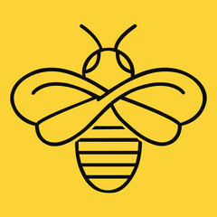 A simple black outline drawing of a bee with wings crossed on a yellow background illustration