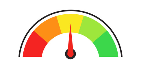 A speedometer with a red needle pointing towards the middle of the yellow section of the gauge