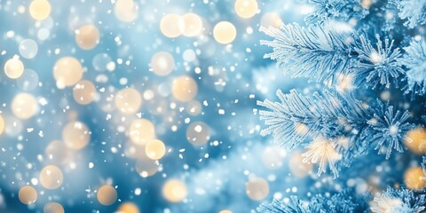 A frost covered fir branches on the winter bokeh background. Christmas and New Year card and banner concept.