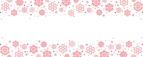 "Horizontal border design featuring a seamless pattern of red snowflakes and stars on a clean white background. This festive header or footer offers copy space in the center, perfect for winter and Ch