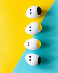Four adorable chick-themed decorated eggs arranged on a vibrant half-yellow and half-blue background, perfect for bringing a cheerful touch to Easter festivities and spring joy.