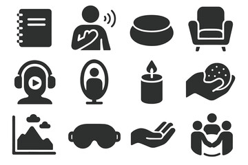 Mental Health Tools. Solid style icons of Mental health tools: journal notebook, breathing exercise, meditation cushion, therapist