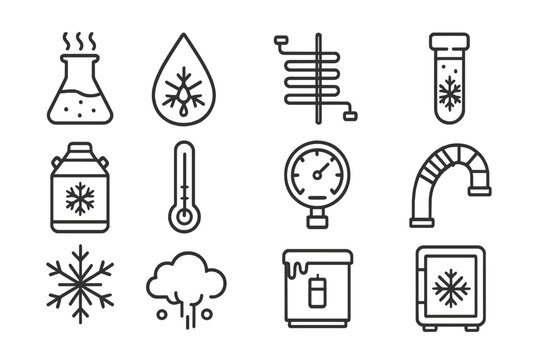 Cryogenic Science Icons. Line style icons of cryogenic science: liquid nitrogen flask, frozen droplet, cooling coil, frosted vial;