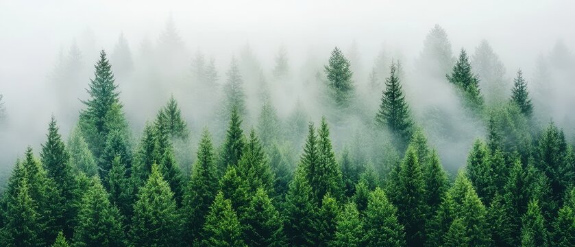Misty evergreen forest landscape with dense trees and fog drifting through branches promoting nature and ecological themes.