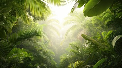 Lush green jungle foliage with mist and sunlight filtering through dense tropical canopy overhead.