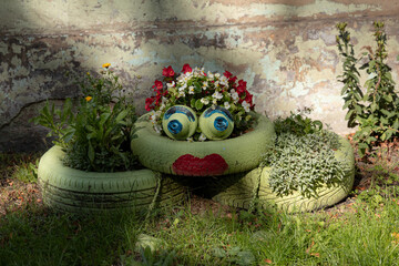zabawna donica wykonana na kształt żaby ze stare opony  © Magdalena