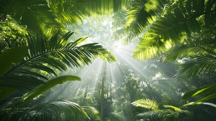Lush jungle foliage with sunbeams piercing the canopy, illuminating vibrant green leaves and misty forest atmosphere.
