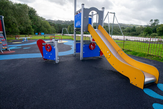 Children's playground at Durrockstock Park - Local Nature Reserve. Scotland, UK. Children and families can now enjoy the area at Park, which has a host of accessible and inclusive facilities.  - Powered by Adobe
