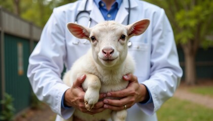Veterinarian holding a baby goat outdoors