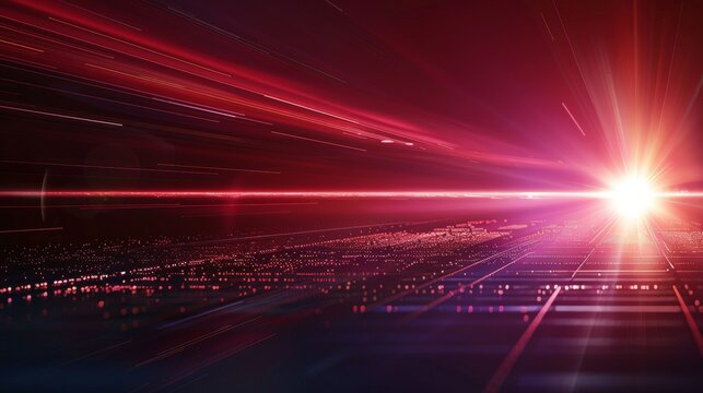 Dynamic red light streaks and flares in a captivating 3d rendered visual experience for art lovers.