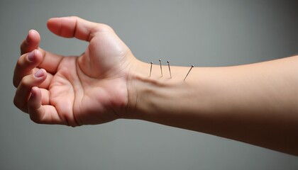 Hand with sewing pins inserted on a gray background, acupuncture needles in arm