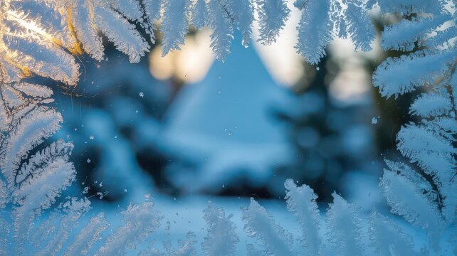 Blue Frosted Window Close-Up, Ice Crystal Border, Snowy Bokeh — Holiday Banner