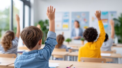 Group of diverse children in a classroom raising hands to answer questions, showcasing engagement and enthusiasm in a bright educational environment with natural light