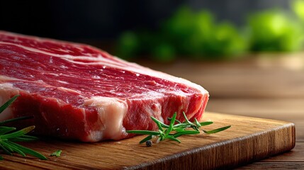 Fresh raw beef steak with marbling, placed on a wooden cutting board, surrounded by herbs, showcasing quality meat preparation for culinary dishes and gourmet cooking