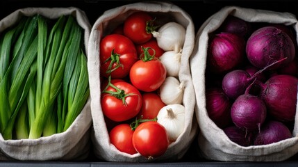 Fresh vegetables in natural fabric bags, including vibrant tomatoes, garlic, green onions, and purple onions, arranged neatly for a healthy culinary experience and vibrant cooking inspiration