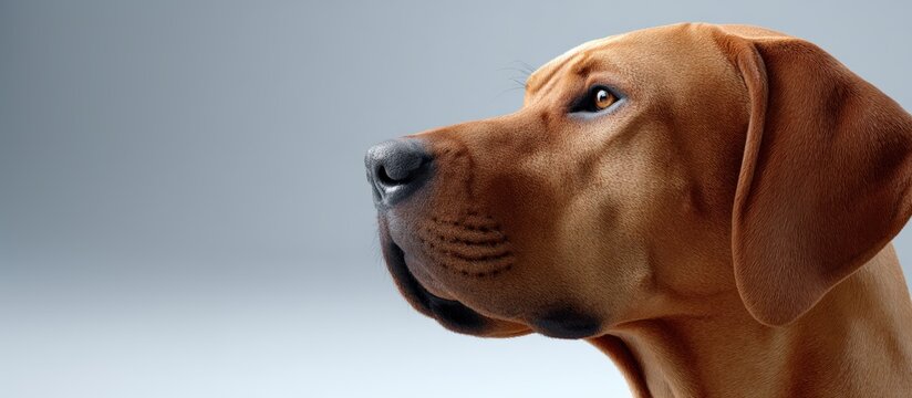 Close-up profile of a brown dog with expressive eyes, showcasing its sleek fur and strong features, set against a soft gradient background, highlighting its majestic presence - Powered by Adobe