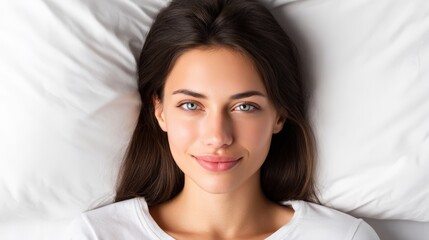Fototapeta premium Young woman with long dark hair, lying on soft white pillows, gazing directly at the camera, conveying a sense of calmness and serenity in a cozy environment