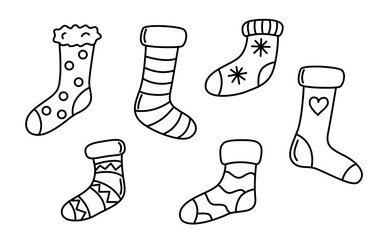 Vector winter socks variations linear coloring page. Isolated on white hand drawn socks with different patterns