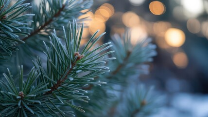 Macro Frost-Covered Pine Needles, Golden Bokeh — Christmas Blue Background