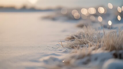 Minimal winter macro — frosted grass & ice crystals on frozen lake shoreline at sunrise, pastel bokeh, copy space for holiday cards/banners