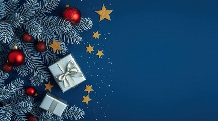 Rami di abete con palline rosse, pacchi regalo e stelle su sfondo blu. Generative AI