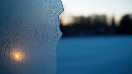 Frosted Glass Close-Up with Ice Profile & Warm Sunset Glow — Winter Solitude