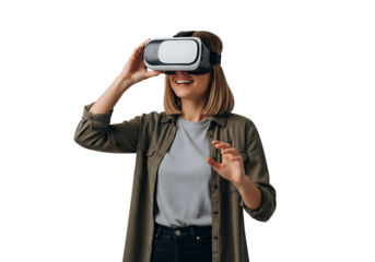 A young woman with blonde hair smiles joyfully while immersed in a VR experience, wearing a white and black headset. Casually dressed in green and grey, she actively gestures, reaching into the virtua