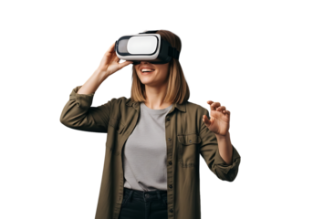 A young woman with blonde hair smiles joyfully while immersed in a VR experience, wearing a white and black headset. Casually dressed in green and grey, she actively gestures, reaching into the virtua