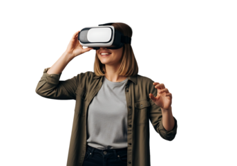 A young woman with blonde hair smiles joyfully while immersed in a VR experience, wearing a white and black headset. Casually dressed in green and grey, she actively gestures, reaching into the virtua
