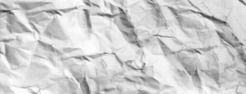 Halftone paper background with rough crumpled texture. Grunge vintage note sheet or package. Abstract simple black and white newspaper. Noise or grain effect. Pattern backdrop