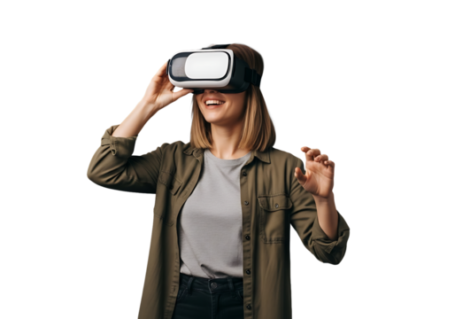 A young woman with blonde hair smiles joyfully while immersed in a VR experience, wearing a white and black headset. Casually dressed in green and grey, she actively gestures, reaching into the virtua