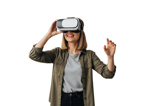 A young woman with blonde hair smiles joyfully while immersed in a VR experience, wearing a white and black headset. Casually dressed in green and grey, she actively gestures, reaching into the virtua